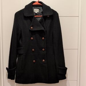 Long Elegant Legs Black Pea Coat with Brown Buttons